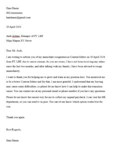 contoh surat resign mendadak bahasa inggris