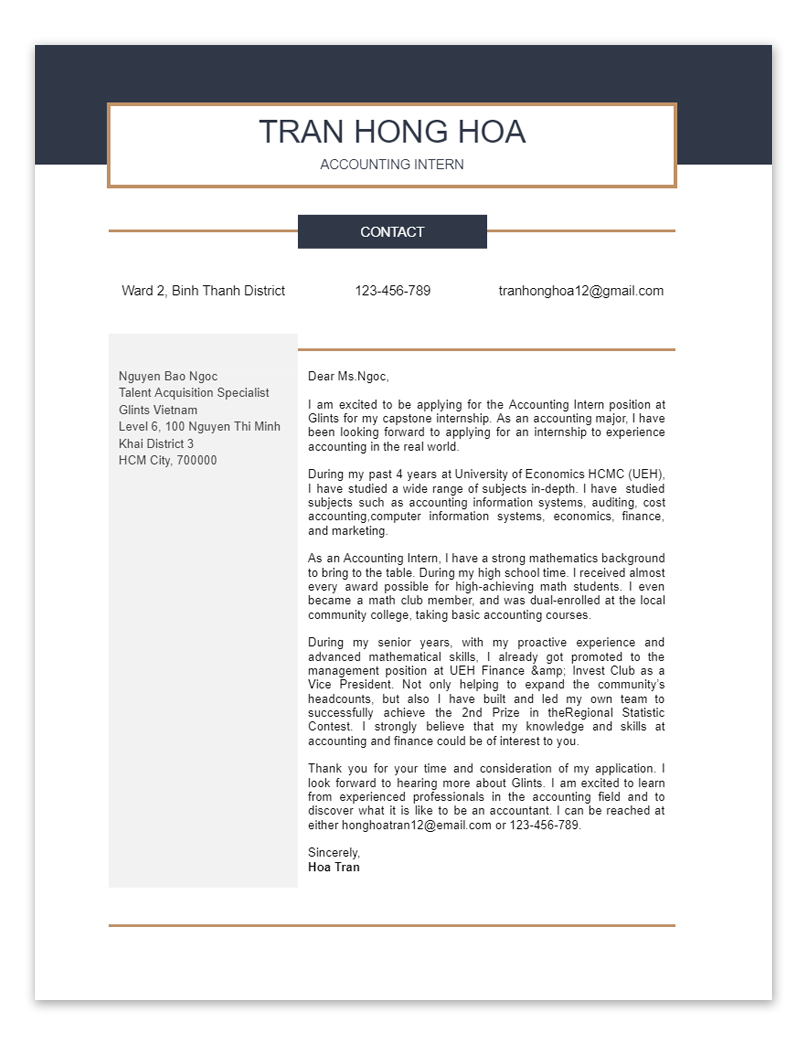 cover letter xin thực tập