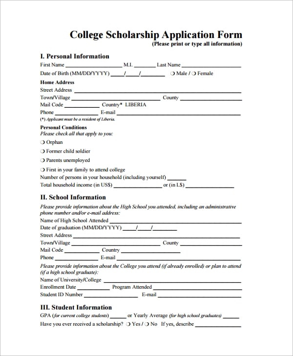 scholarship application form là gì